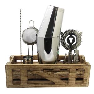 Cocktail Kit with Wooden Stand | Stainless Steel