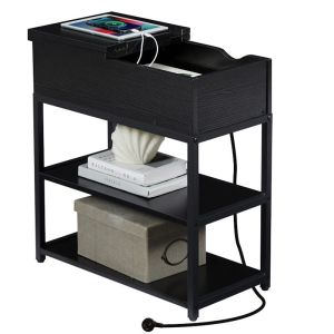 Compact 3-Tier Sofa Side Table with Powerboard | Black