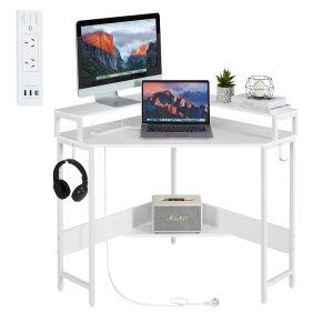 Compact L-Shaped Corner Desk with Built-In Power Board | White