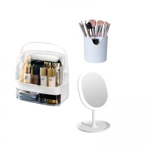 Cosmetic Storage Case and Brush Holder with Tabletop Mirror | 3pc Set | White