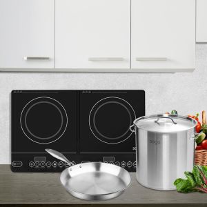 Dual Burner Induction Cooktop | 21L Stainless Steel Stockpot 30cm | 30cm Induction Fry Pan