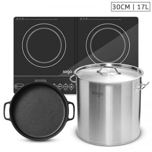Dual Burner Induction Cooktop | 30cm Cast Iron Skillet | 17L Stainless Steel Stockpot