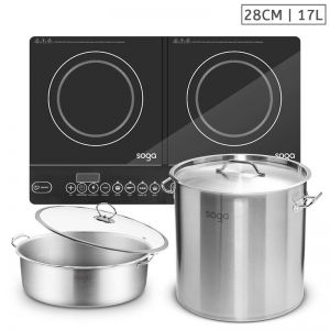 Dual Burner Induction Cooktop Stove | 17L Stainless Steel Stockpot | 28cm Induction Casserole