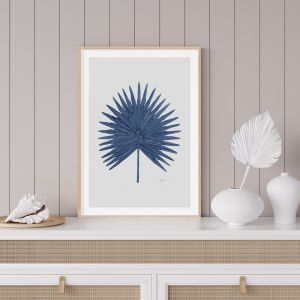 Fan Palm Living Art Leaf Print | Navy Blue with Whisper Grey Fine Art Print | By Pick a Pear | Frame
