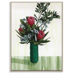 Forever Proteas & Banksia Leaves in Flannel Flower Vase | Julie Lynch | Prints or Canvas by Artist L
