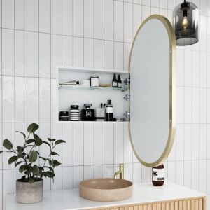 Future Glass | Nia Pill Mirror Cabinet | 960 x 560 | Satin Brass & Matte Black