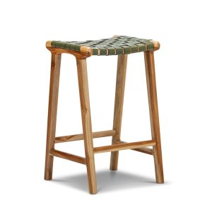 Lazie Leather Strapping Bar Stool | Teak & Olive Green | 66cm | by L3 Home