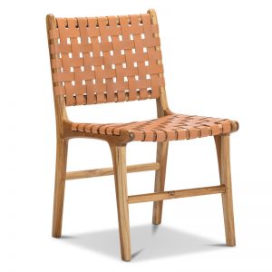 Lazie Leather Strapping Dining Chair | Teak & Natural Tan | Set of 2