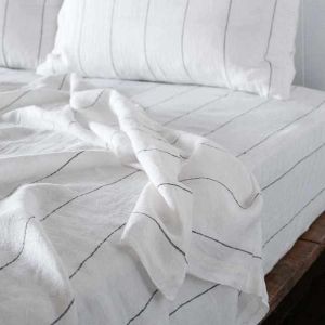 Linen Fitted Sheet | King Size | Off White with Charcoal Pinstripe