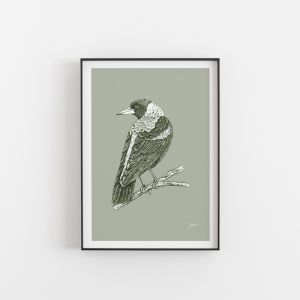 Magpie in Willow Green | Unframed Art Print