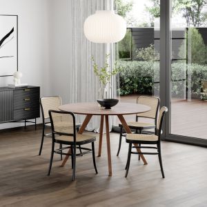 Milari 5 Piece Walnut Dining Set with Prague Rattan Bentwood Chairs | by L3 Home