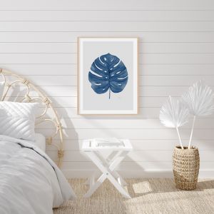 Monstera Living Art Leaf Print | Navy Blue with Whisper Grey Fine Art Print | By Pick a Pear | Frame