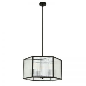 Montauk 3 Light Large Pendant or Close to Ceiling Fitting in Black with Ribbed Clear Glass | Beacon 