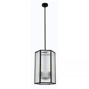 Montauk 3 Light Tall Pendant or Close to Ceiling Fitting in Black with Ribbed Clear Glass | Beacon L