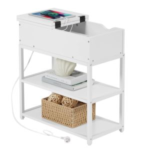 Multi-Tier Bedside Table with Powerboard | White