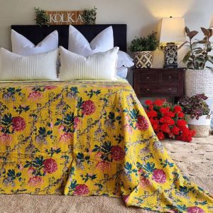 Mustard Peonies Kantha Bedspread | Coverlet | Bedcover