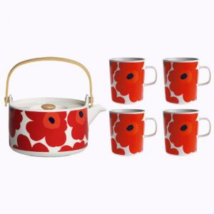Marimekko Oiva/Unikko Red Teapot & Mugs Set