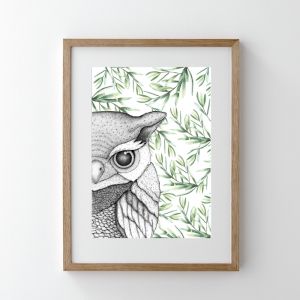 Oliver the Owl with Leaves | Art Print