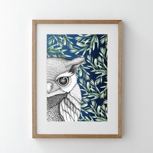 Oliver the Owl with Leaves | Midnight | Art Print
