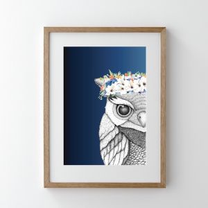 Olivia the Owl with Flower Crown | Midnight | Art Print
