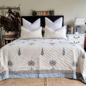 Palm & Pine Reversible Quilt |  Hand Block Printed | Coverlet | Quilted Bedspread