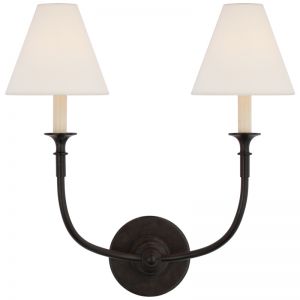 Piaf Double Sconce | Aged Iron with Linen Shades | by The Montauk Lighting Co.