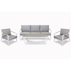 Porto Outdoor Lounge Suite | Teak Polywood Accent with Stone Grey Cushions | Arctic White