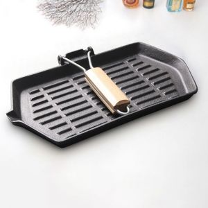 Rectangular Cast Iron Griddle Frying Pan with Folding Wooden Handle