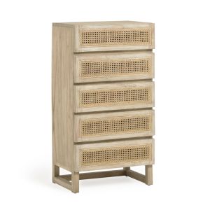 Rexit  Chest of 5 Drawers | Solid Mindi Wood with Rattan Drawers