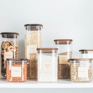 Rustic Square Glass Pantry Jars | Bundle of 16 Jars + Pantry Label Set