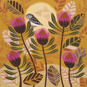 Spotted Pardalote Among the Isopogen | Stretched Canvas Print