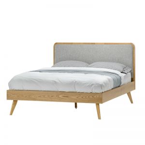 Stella Queen Bed | Light Grey Upholstery & Natural Oak | PRE ORDER