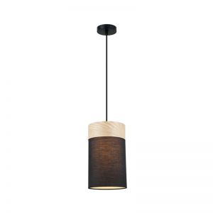 TAMBURA Black Oblong Pendant Light | Small | Cloth shade with wood veneer trim