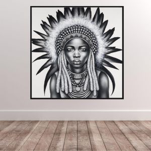 Tribal Girl with Headpiece | P3036-Mono | Framed Canvas Print | Colour Clash Studio