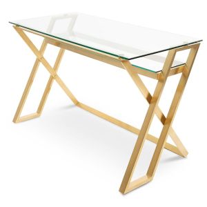 Vanessa Glass Home Office Desk | Glass Top with Brushed Gold Base Legs