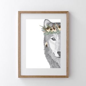 William the Wolf with Luxe Feather Crown | Art Print | Dots by Donna