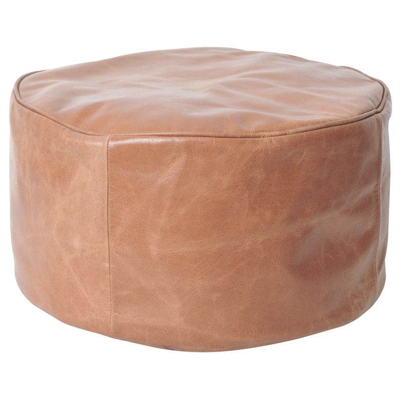 Couple of 2 Leather  Poufs natural brown tan