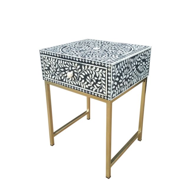 Abacus & Hunt Bone Inlay 1 Drawer Bedside Table | Black Floral | IN STOCK