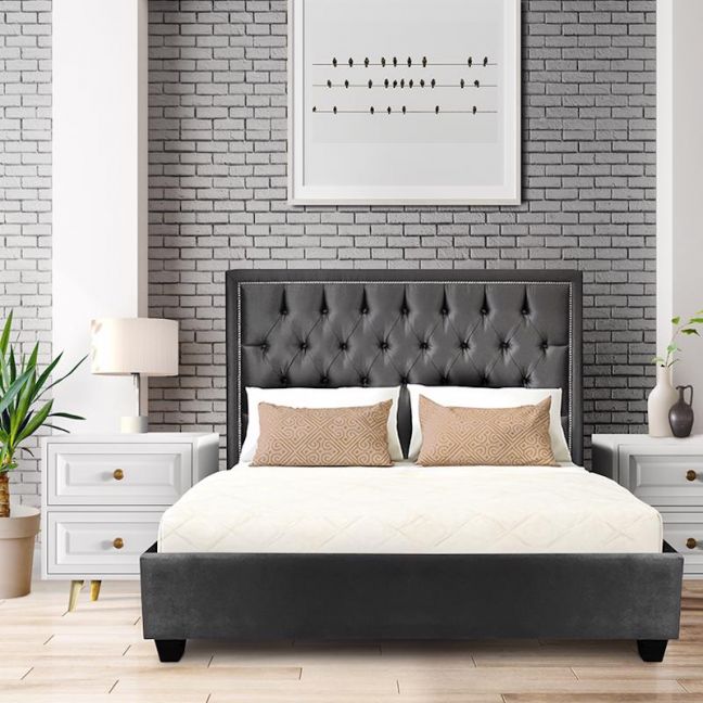 Helios Bedframe with Headboard | Grey Velvet Studded Custom Upholstered Bed Frame | All Sizes by Bed