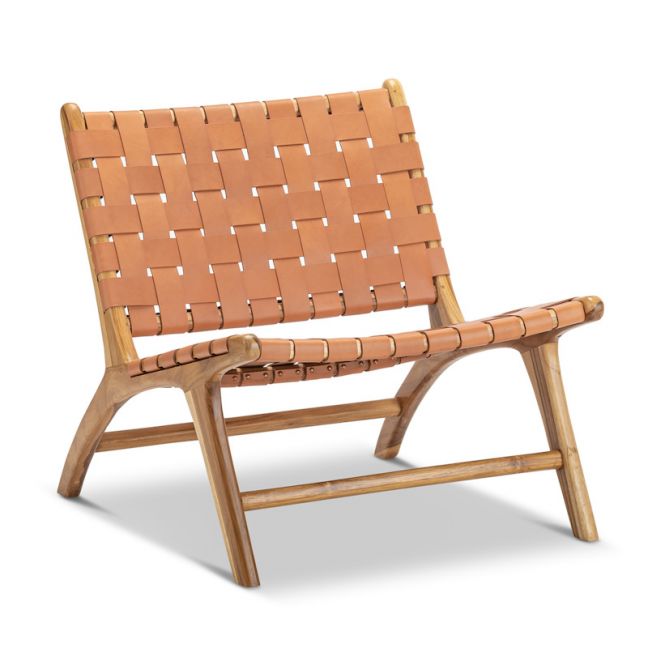 Lazie Leather Strapping Lounge Chair | Teak & Natural Tan