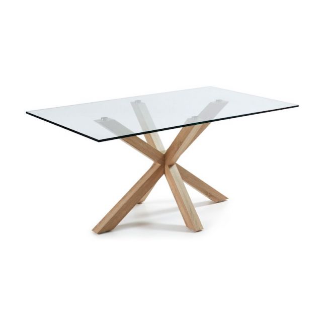 Mermi Table Clear Glass Top | 180 x 100cm | Steel legs wood look finish