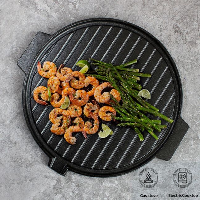 Round Cast Iron Korean BBQ Grill Plate with Handles and Drip Lip | 30cm